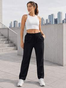 Women's Elastic Waist Drawstring Straight Leg Pants With Side Pockets, Relaxed Full Length Casual Active Trousers For Yoga - Black - View 8