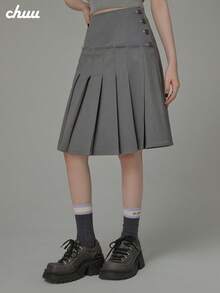 CHUU High Waist Button Pleated Skirt For Women, Autumn College Style Letter Embroidery A-Line Skirt - Grey - View 3
