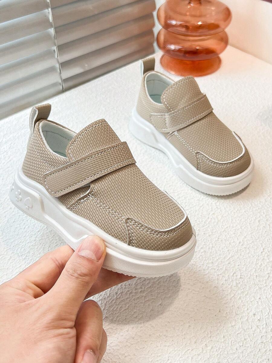 Kids Solid Color Thick Sole Shoes, Unisex Toddler Single Hook & Loop Casual Skate Shoes, Breathable Versatile Soft Bottom Sports Sneakers - Khaki - View 1