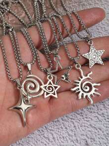 6pcs/1pc Men's & Women's Vintage Gothic Hip Hop Star Flame Spiral Sun Heart Pendant Stainless Steel Chain Necklace Set, Includes 6 Mixed European Baroque Cross Pendant Necklaces, Suitable For Christmas, New Year, Valentine's Day And Other Holidays - Silver - View 3