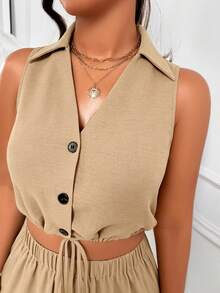 AIJ Women Fall French Casual Two Pieces Set Sleeveless Collared Button Drawstring Crop Top Elastic Waist Jogger Pants Khaki Matching Outfit Elegant Summer - Khaki - View 9
