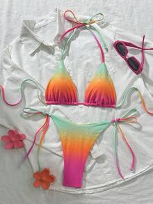 两件套渐变彩色挂脖比基尼套装，水钻纹理系带设计，时尚性感，适合海滩、泳池、夏季度假。 - 橘綠色 - 查看 4