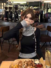 Autumn/Winter Korean Style Sweet Knit Top Sweater + Grey Vest 2pcs Set Women Casual Colorblock Mock Neck Layered College Style Embroidered Long Fall - Dark Grey - View 4