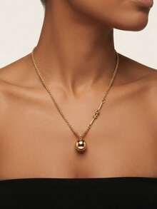 1pc New Creative Ribbon Knot Asymmetrical Minimalist Pendant Necklace, Exquisite Metal Knot Focal Point With Draping Plump Golden Ball, Simple Yet Clever Design, Suitable For Daily Commute And Date - Yellow Gold - View 1