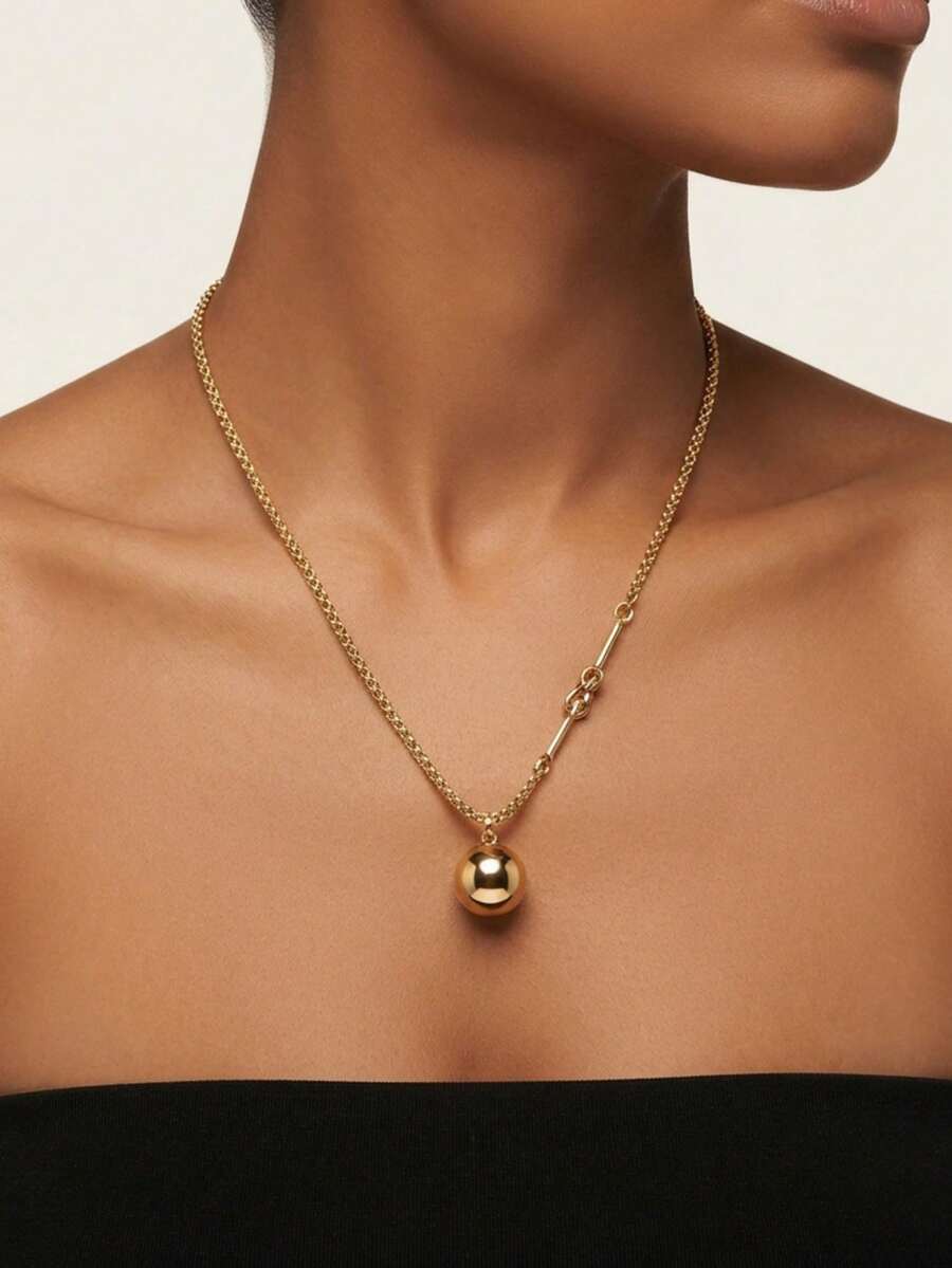 1pc New Creative Ribbon Knot Asymmetrical Minimalist Pendant Necklace, Exquisite Metal Knot Focal Point With Draping Plump Golden Ball, Simple Yet Clever Design, Suitable For Daily Commute And Date - Yellow Gold - View 1