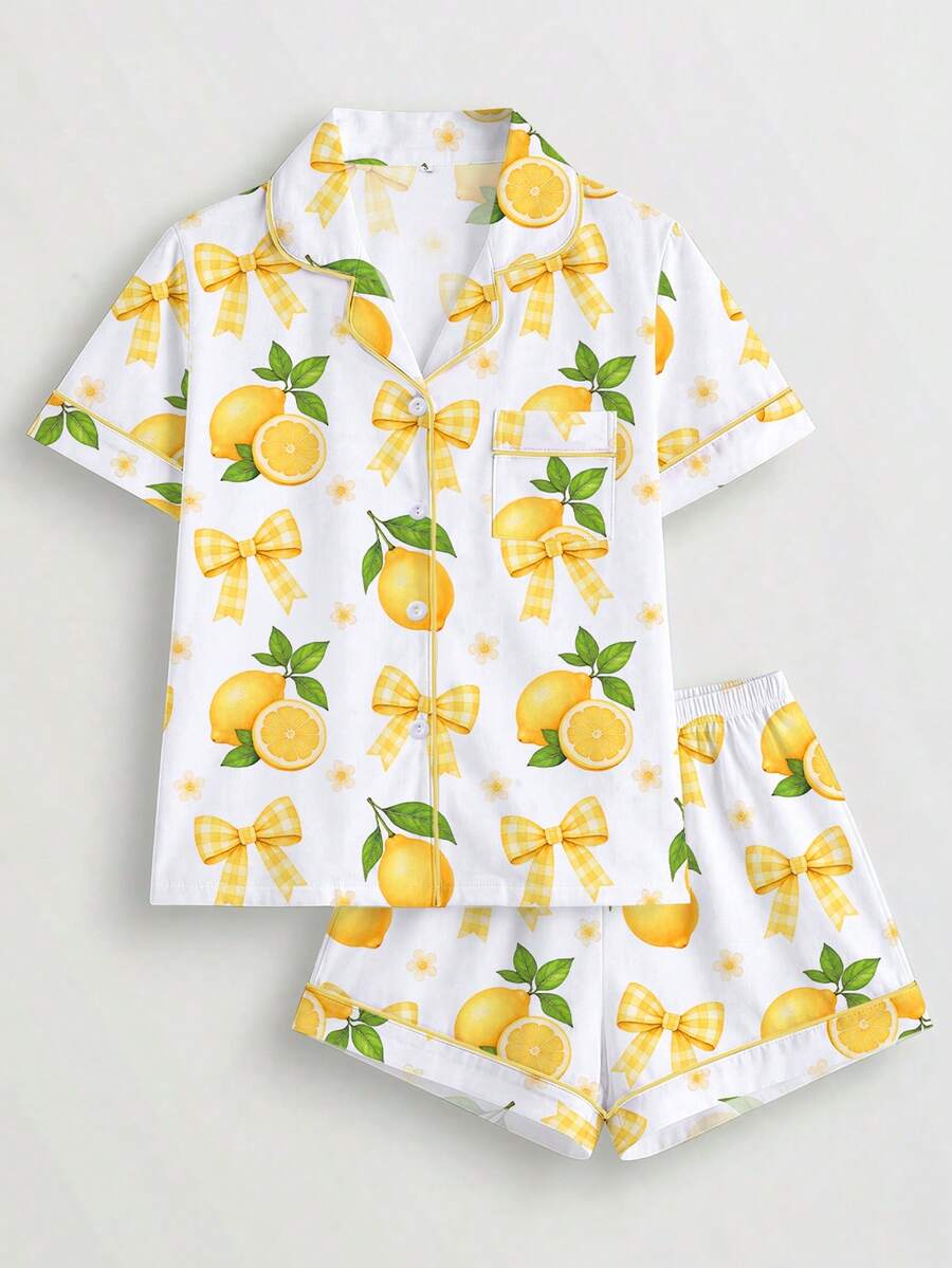 2pcs Women Pajama Set, Lemon & Bow Print, Ladies Homewear, Spring/Summer Holiday Outfit, Short Sleeve Collared Top And Shorts Can Be Worn Outerwear - Multicolor - View 1