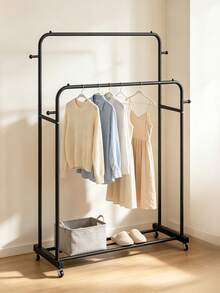 1pc Freestanding Mobile Clothes Rack. Double Hanging Rods Expand Garment Hanging Space. Equipped With A Bottom Storage Shelf And Universal Casters. Suitable For Both Drying And Storage In Bedrooms And Balconies. - A - View 4