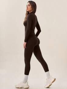 TimeOff Women's One Set Autumn/Winter Solid Color Stand Collar Slim Fit Long Sleeve Leggings Set - Coffee Brown - View 11