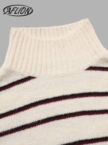 Women Summer Fall Black Stripe Turtleneck Loose Short Knit Sweater Top - Multicolor - View 4