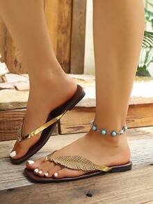 Women Leaf Rhinestone Flip Flops Summer Bling Flat Thong Sandals Beach Casual Slippers - Gold - View 5
