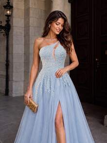VIPGIRL Vestido formal asimétrico con cuello dividido, muslo de malla, elegante para baile de graduación, cena, fiesta de boda, vestido de primavera - Azul - Ver 5