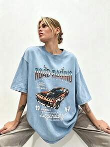 Women's Summer Casual T-Shirt, Y2K Letter & Car Print Round Neck Short Sleeve Crew Neck Tee For Holiday, Vacation, Spring Festival & Graphic Summer - 藍色1 - 查看 14