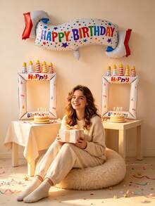 3pcs/Set Happy Birthday Banner, Birthday Photo Frame, Aluminum Foil Balloon Set, Birthday Party Decoration Balloons, Holiday Photography Props, Christmas, Halloween Decoration - Birthday - View 3