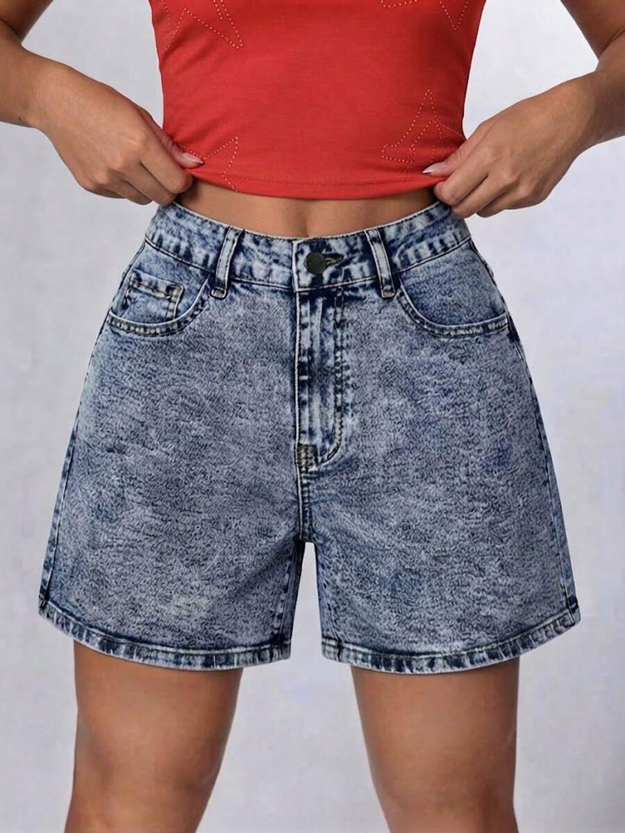 Teen Girls Casual Blue Button Pocket Denim Shorts - Blue - View 1