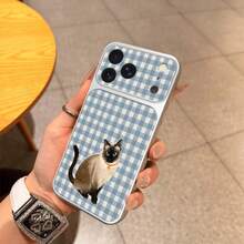 1pc TPU Material Fresh Blue & White Plaid Bell Siamese Cat Pattern Phone Case Suitable For IPhone 17 Pro Max/17/16 Pro Max/15/14/13/12/11 Full Coverage Anti-Drop Soft Shell Phone Protective Cover - Silver - View 3