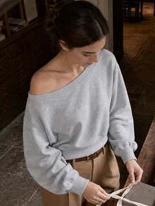 Women's Long Sleeve Boat Neck Pullover Sweatshirt, Ribbed Knit, Asymmetric Design, Regular Fit, Pure Cotton Material, Suitable For Autumn Wear. - Light Grey - View 1