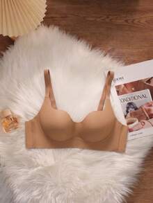 Minimalist Solid Color Women's Thin Non-Wired Push-Up Comfortable Bra, Full Coverage Seamless Bra, Anti-Sagging, Side-Boob Support, Suitable For Small Breasts [Flat Chest Special] - Brown - View 6