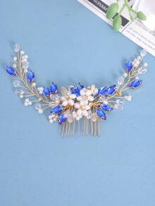 1pc Vintage Elegant Royal Blue Crystal Pearl Floral Branch Hair Comb Bridal Headpiece - Blue - View 2