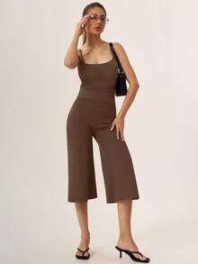 TimeOff Women's One Set Solid Color Adjustable Strap Camisole & Wide Leg Mid-Length Shorts Sports Set - Chocolate Brown - View 7