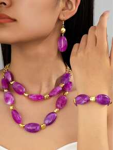 4pcs Colorful Jade Bohemian Style Beaded Necklace Bracelet Earrings Set, Vintage Romantic Geometric 3D Exquisite Women's Jewelry Set, Fashion Vintage Accessory Gift - Purple - View 11