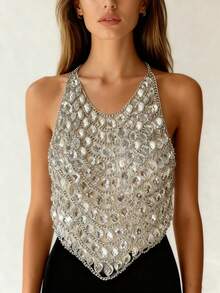 ZHENGHEN 1pc Luxurious Sparkling Square Rhinestone Necklace Chest Chain, Fashionable Multilayer Pearl Decor Body Chain Suitable For Party Outfit - White - View 5