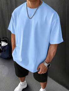 Essential Comfort Tee, Oversized Soft Breathable Cotton, Relaxed Weekend Loungewear Shirt For Men - 淺藍色 - 查看 17
