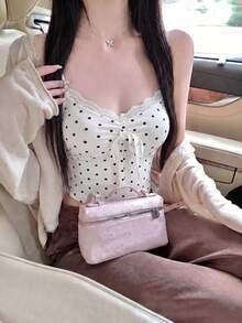 女款波點設計短版細肩帶背心，夏季內搭，修身顯身材，小眾百搭，露背休閒度假風，白色 - 白色 - 查看 4