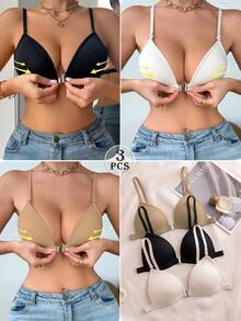 3pcs/Set Multi-Color Front Closure Wire-Free Bra Set, With Fixed Pads, Detachable Straps, Cross-Back Women's Lingerie, Suitable For A-C Cup - Multicolor - View 2