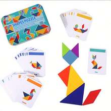 Colorful Wooden Tangram Puzzle - Educational Math & Geometry Toy For Kids, Perfect Halloween, Christmas, And Thanksgiving Gift Portable Iron Box With 60 Cards Included. - Multicolor - View 6