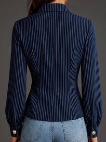 Women's Vintage Pinstripe Long Sleeve Shirt, Button Detail Design, Regular Fit Woven Fabric, Winter Essential - Navy Blue - View 3