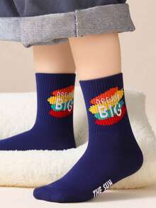 7/14 Pairs Kids Colorful Stripe Polka Dot Letter Print Ribbed Combed Soft Breathable Sweat Wicking Mid Calf Crew Socks Daily Outdoor All Season - Multicolor - View 6