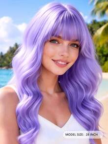 Elegant 28 Inch Light Purple Wavy Hair With Bangs, Natural And Versatile, Suitable For All Women For Parties, Balls, Carnivals And Halloween Cosplay - Light Purple - View 5