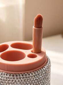 1 Set Rhinestone-Encrusted Cylindrical Makeup Brush Holder, Full Rhinestone Sparkling Craftsmanship Surface With Exquisite Pink Inner Lid Design, Large Capacity To Store Makeup Brushes, Foundation Brushes, Eyeshadow Brushes, Blush Brushes And Other Makeup Tools, Also Suitable For Lipsticks, Eyelash Curlers And Other Cosmetic Tools, Perfect For Vanity, Makeup Table, Bathroom Countertop And Bedroom Desk - Pink - View 5