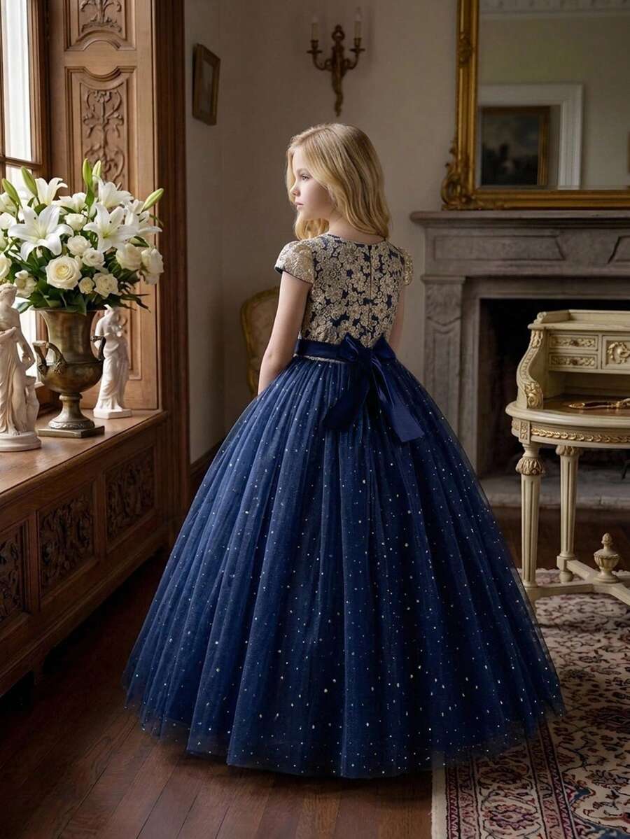 Tween Girls Embroidered Tulle Princess Long Dress, Elegant Ball Gown, Suitable For Parties, Headband Not Included - Navy Blue - View 1