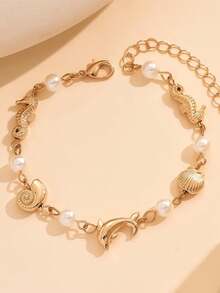 1pc Personalized Bohemian Dolphin Seahorse Shell Faux Pearl Charm Bracelet, Casual Style Hand Accessory - Gold - View 3