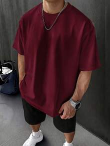 Lightweight Breeze Tee, Oversized Quick Dry Pure Cotton, Daily Work Casual Top For Men - 酒紅色 - 查看 11