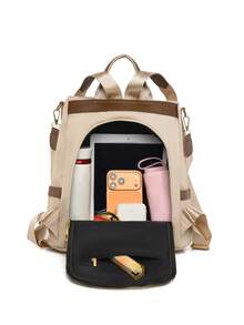 LECEY Women's Diamond Quilted Embroidered Backpack, Suitable For Daily Commute, Travel, Shopping And Street Wear - 卡其色 - 查看 5