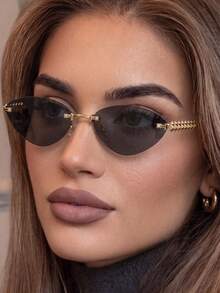 1pc Women's Rimless Edged Triangular Retro Cat Eye Small Frame Oceanic Lens, Rivet Metal Temples Hip-Hop Street Fashion Elegant Unisex Stylish Fashion Glasses, Suitable For Beach, Seaside, Vacation, Travel, Driving, Camping, Outdoor Activities - Multicolor - View 3