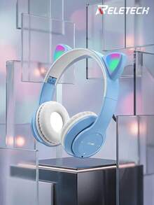 Reletech Auriculares inalámbricos con diseño de pendientes de dibujos animados, estéreo, larga duración de la batería, baja latencia, resistentes al sudor, plegables - Celeste - Ver 2