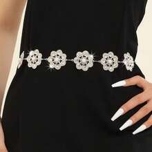 1pc Women's Metal Multi-Color Pearl Rhinestone Floral Classic Dress Belt Decoration, Suitable For Summer Outdoor Wear, Christmas Gift For Friends - Silver - View 6