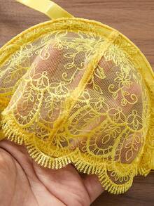2件組女款刺繡內衣套裝，半透心型胸罩與蝴蝶結內褲，性感睡衣，女款秋季服飾 - 黃色 - 查看 6