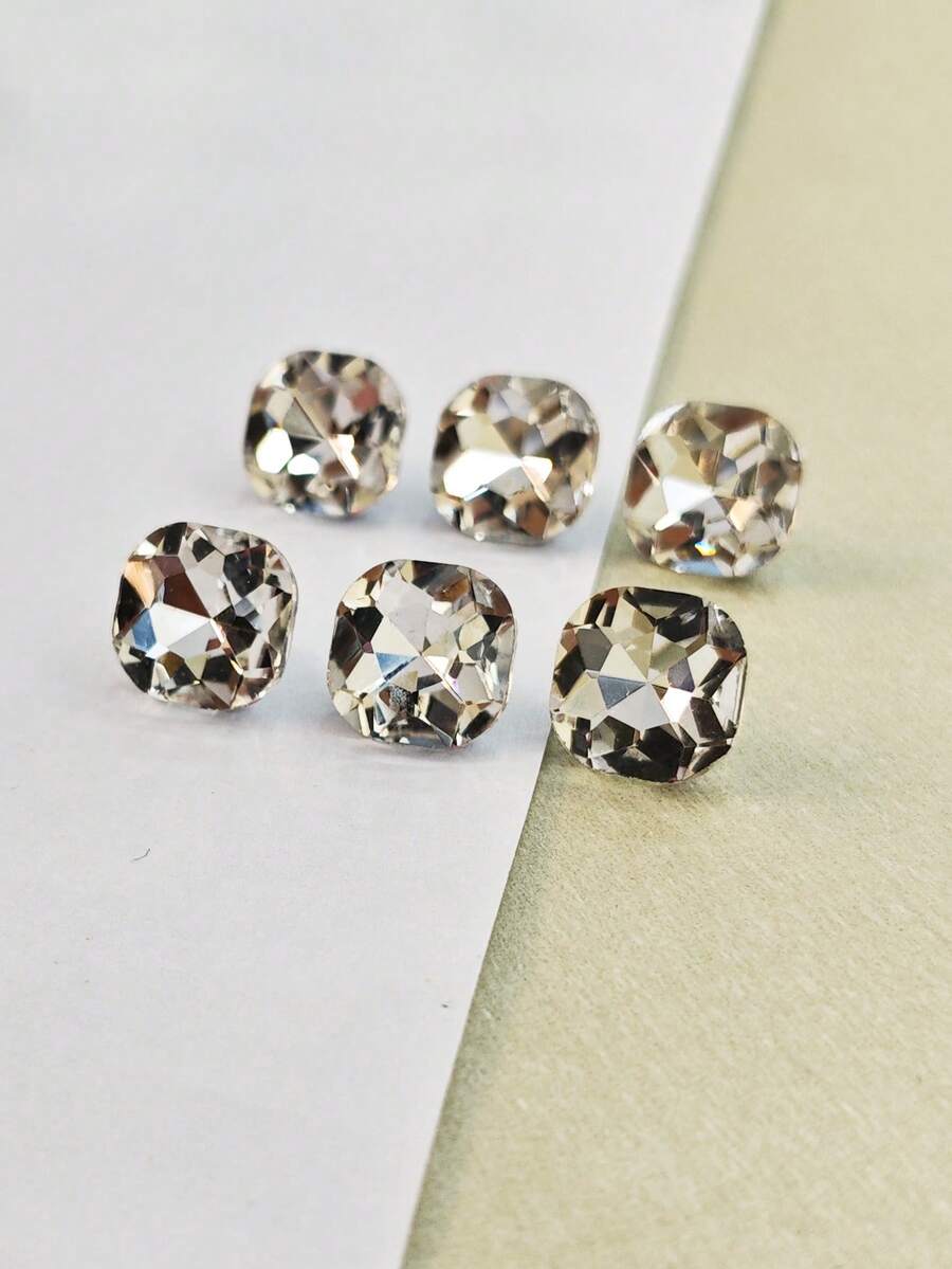 6入 1.2cm 直徑白色玻璃材質仿鑽切割銅柄裝飾手工縫製鈕扣，時尚百搭白色方形款仿鑽切割柄裝飾手工縫製鈕扣，適用於女款襯衫、開襟衫及其他服飾 - 白色 方形款式 - 查看 1