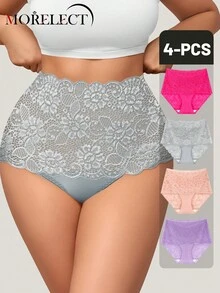 Morelect 4pcs/Pack Women Plus Size Lace Panties, High Waist Tummy Control Sexy Daily Underwear - Multicolor - View 2