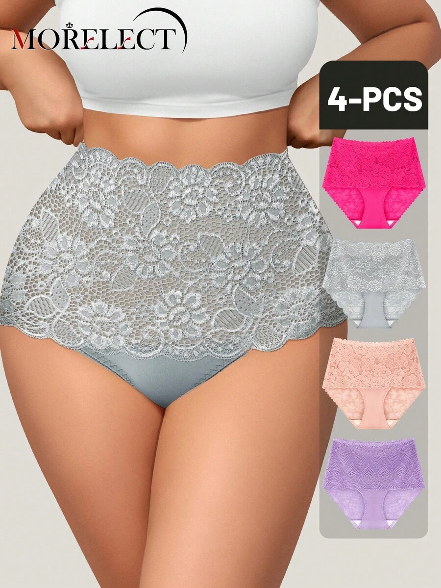 Morelect 4pcs/Pack Women Plus Size Lace Panties, High Waist Tummy Control Sexy Daily Underwear