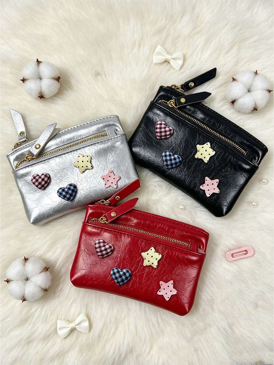 Cute Women Zipper Coin Purse,Y2k Heart Star Decorations,Double Zipper PU Wallet,Portable Key Card, Lipstick Holder,Daily Change Pouch,For Women Girl - Multicolor - View 1