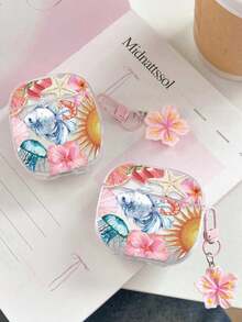 Shockproof Soft Shell Flower Sea Turtle Painted Transparent Additional Bracelet Fashion Bluetooth Earphone Case With Cute Pink Cherry Blossom Keychain For Airpods 4 3 1/2 Pro3 Pro/Pro2 - Multicolor - View 9