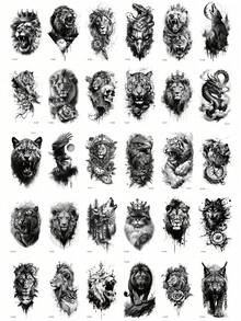 30 Peças Adesivos de Tatuagem Temporária Unissex, Tatuagens Temporárias 3D de Meia Manga Preta, Adesivos de Tatuagem de Terror de Halloween, Padrões de Leão, Lobo, Tigre, Caveira, Estilo Esboço - Preto e Branco - Visão 11