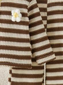 2pcs Baby Girl Vintage Brown Polo Collar Knit Striped Long Sleeve Top And Wide Leg Pants Set, Lightweight For Spring And Autumn - Mocha Brown - View 5