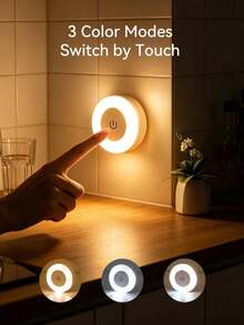 1pc Touch Night Light Bedside Lamp 3-Color Adjustable Built-In Battery Wireless Cabinet Light Dimmable Suitable For Hallway, Bedroom, Bathroom, Living Room, Closet, Kitchen Room Decor Home Decor Wall Decor Bedroom Decor - Touch the Small Round Light - View 6