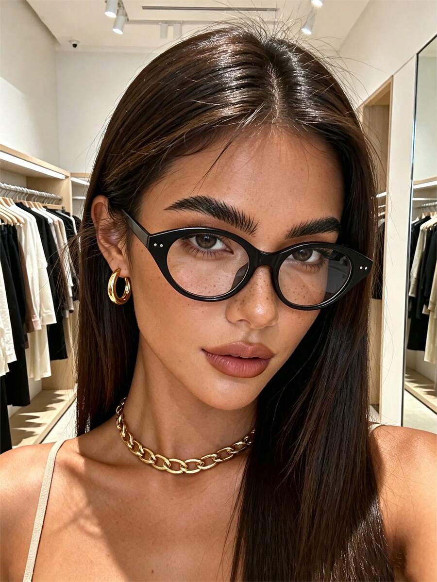 1pc Solid Color Casual Women's Oval Frame Plain Lens Glasses With Stud Decor, Y2K Fashion Style, Versatile Daily Wear, Party, Gathering, Street Style - Black Frame - View 1